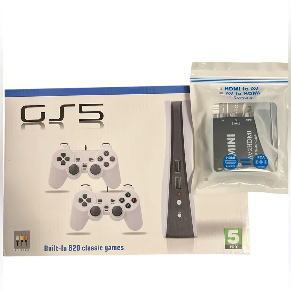GS5 Retro Game Console Bundle – 620 Built-In Games + HDMI/AV Converter